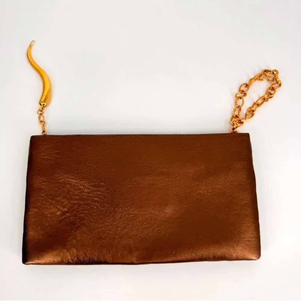 Dominique Cohen Metallic Copper Pleated Clutch‎ with Chain and Horn Detail OS
